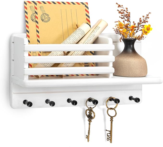 Rebee Vision Farmhouse Pine Wood Key Holder Wall Mount - Key Holder for Wall with Storage Shelf & 6 Hooks - Decorative Mail O