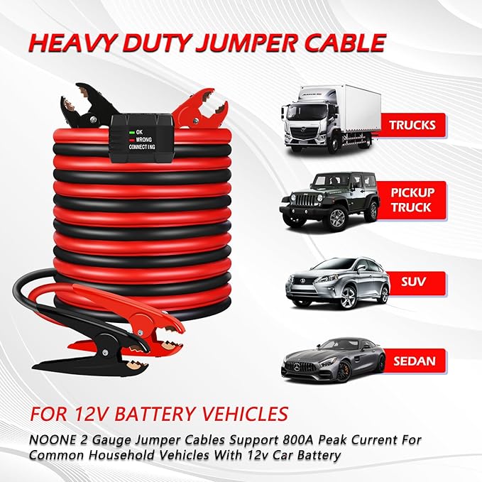 NOONE 2 Gauge 20FT Heavy Duty Jumper Cables for Car Battery, 800A Automotive Booster Cables with Reverse Polarity Protection for SUVs & Trucks, Includes Bag, Gloves