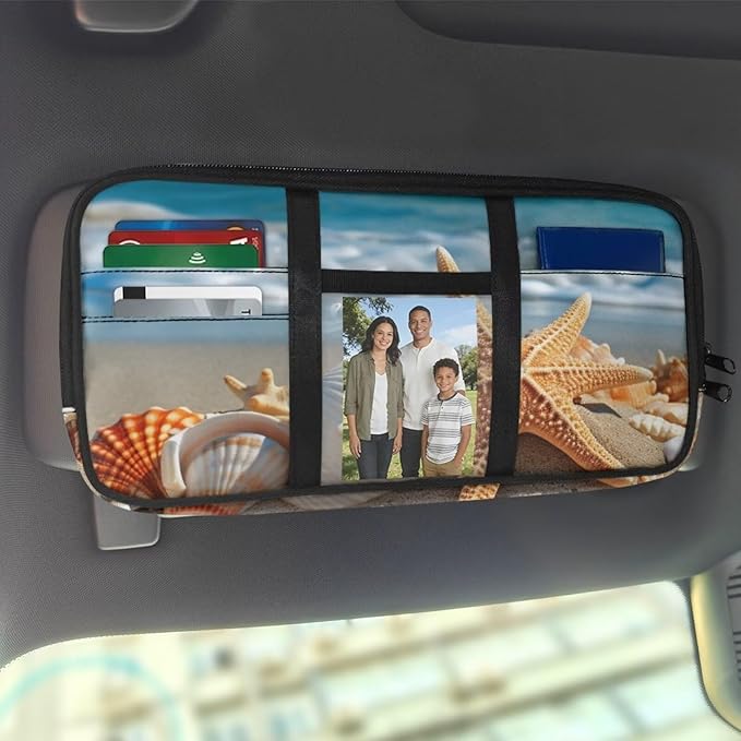 Beach Starfish Shell Car Visor Organizer Scratch-Resistant Sunvisor Organizers Auto Interior Car Accessories with Zipper Visor Storage Pouch Fits Most Vehicles, SUVs, Trucks Keep Tidy
