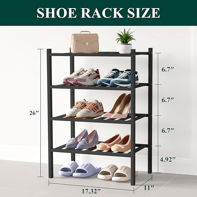 Smiry Bamboo Shoe Rack for Closet, 4 Tier Small Wooden Stackable Shoe Organizer, Free Standing Shoes Storage Shelf for Entryw
