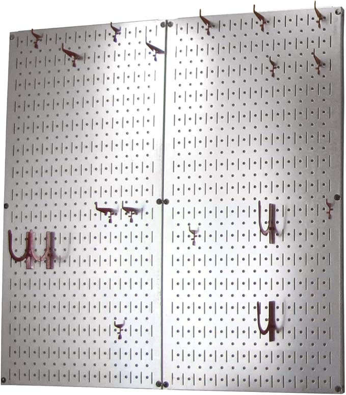 Wall Control Kitchen Pegboard Organizer Pots and Pans Storage Rack and Organization Kit with Metallic Silver Pegboard and Red
