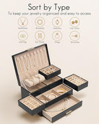 Vlando 3 Layer Jewelry Box - Women Jewelry Box with Retractable Tray - Jewelry Organizers with Drawer for Necklaces, Rings, B