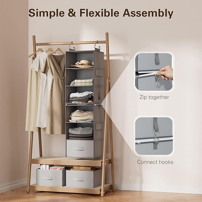 Pipishell 6-Shelf Hanging Closet Organizer with 2 Separable 3-Tier Shelves, 3 Drawers & Side Pockets Closet Organizers and St