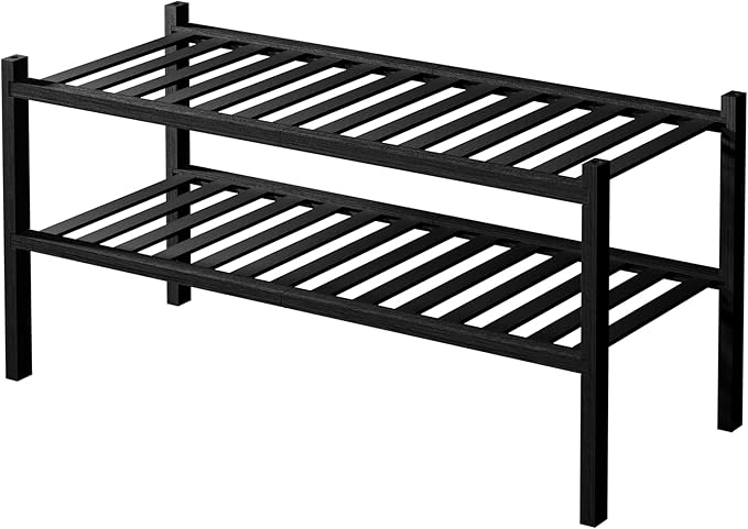 ROMGUAR CRAFT 2 Tier Bamboo Shoe Rack for Closet Free Standing Wood Shoe Shelf for Entryway Small Space Stackable 27"x11"x13"