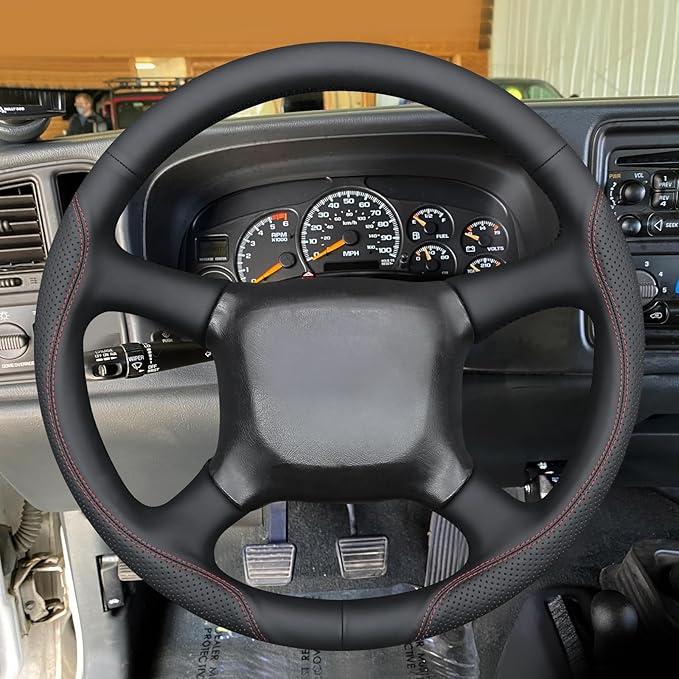 MEWANT Hand Stitch Genuine Leather Steering Wheel Cover for Chevy Silverado 1500 2500 3500 1999-2002 Tahoe Suburban 1998-2002 Astro Blazer S10 Kodiak C/K Custom-Fit Anti-Slip Interior Wrap
