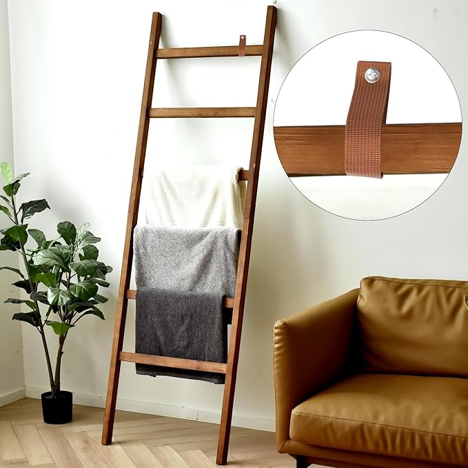 FUIN 6.4ft Extra Wide Wooden Blanket Ladder Living Room Decorative Wal Leaning Farmhouse Quilt Display Holder Rustic Wood Tow