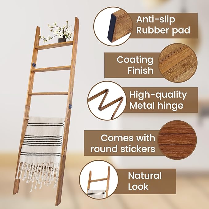 Blanket Ladder, 6-Tier Wooden Quilt Stand, Decorative Ladder Shelf, Leaning Shelf, Wall Leaning Blanket Ladder Towel Storage 