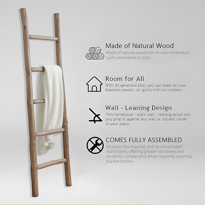 Wooden Blanket Ladder Natural & Motley Wood - Leaning Wall Decor for Bedroom, Bathroom, Living Room - Rustic Quilt Holder & T