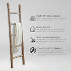 Wooden Blanket Ladder Natural & Motley Wood - Leaning Wall Decor for Bedroom, Bathroom, Living Room - Rustic Quilt Holder & T