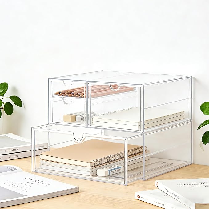 Prsildan Acrylic Drawer Makeup Organizer with 4 Drawers, Set of 2 Office Desk Organizers Accessories, Clear Stackable Storage