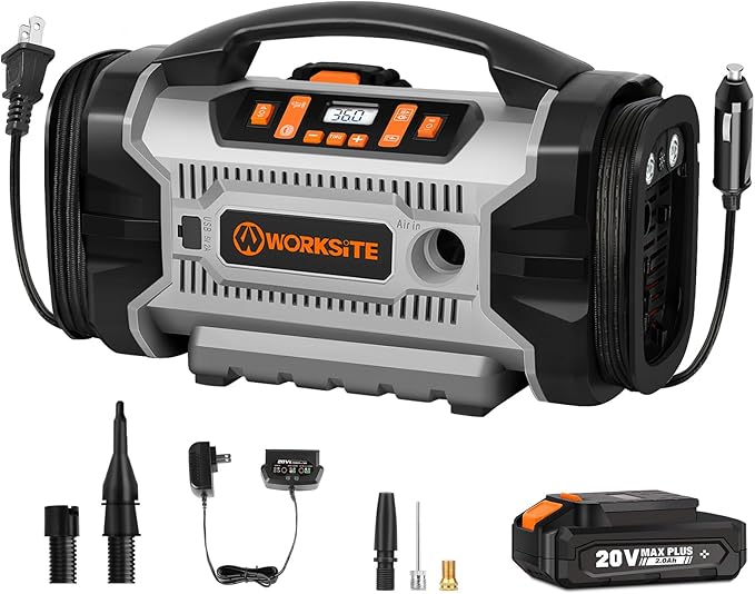 WORKSITE Tire Inflator Air compressor Portable, 160 PSI Car Air Pump with Multi Power Source (110V AC, 12V DC & 20V Battery) for cars, bikes, balls,Gray