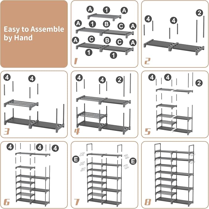ROJASOP Shoe Rack, Shoe Storage Organizer for Closet Entryway Garage Bedroom, 8 Tier Tall Metal Shoe Shelf for 26-32 Pairs Bo