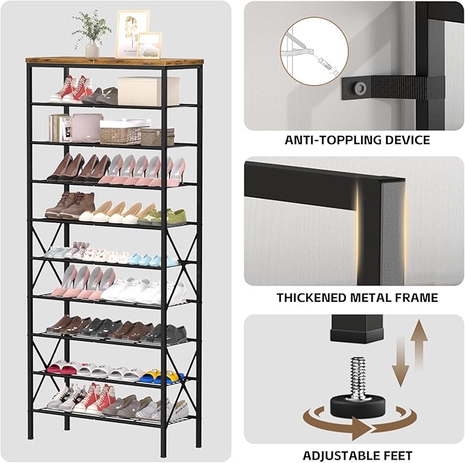 10-Tier Tall Shoe Rack, Large Capacity Shoe Shelf Holds40-45 Pairs, Shoe Shelf for Entryway, Hallway, Living Room, Rustic Bro