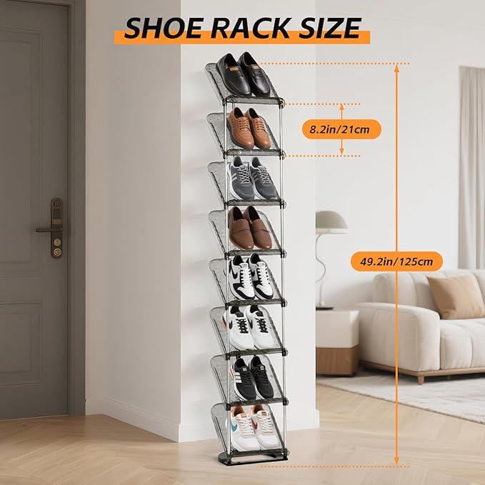 SMILHELTD Vertical Shoe Rack 8 Tiers Narrow Clear Sneaker Storage Holder Luxurious Slim Tall Organizer Space Saving Shelf for