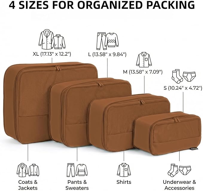 4 Piece Compression Packing Cubes for 3–7 Day Travel, Lightweight Travel Organizers with Breathable Mesh, Double-Zipper Packi