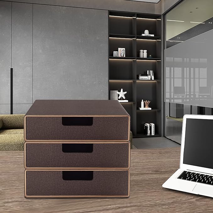 Stackable Organizer Drawer Classic Brown Pu Leather Handmade,Organize Home Office Desk Accessories and Sort Letter-Size Paper