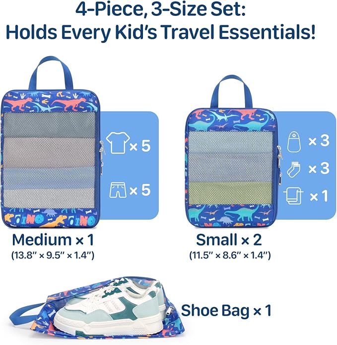 Kids Compression Packing Cubes, 4 Piece Set for Carry On Suitcase, Water Resistant Travel Luggage Organizers with Shoe Bag, T