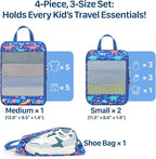 Kids Compression Packing Cubes, 4 Piece Set for Carry On Suitcase, Water Resistant Travel Luggage Organizers with Shoe Bag, T
