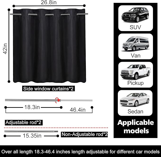 XCBYT Car Window Shades - Upgrade 2 Pack Car Privacy Curtians with Rods for Baby 99% Light Block Window Covers for Camping, Napping, Sleeping, Breastfeeding, Cloth Changing