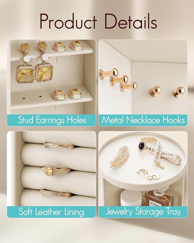 Vlando 360°Rotating Jewelry Box,Earring Organizer Large Vertical Jewelry Organizer with 6 Necklace Hooks, Open Ring Display S