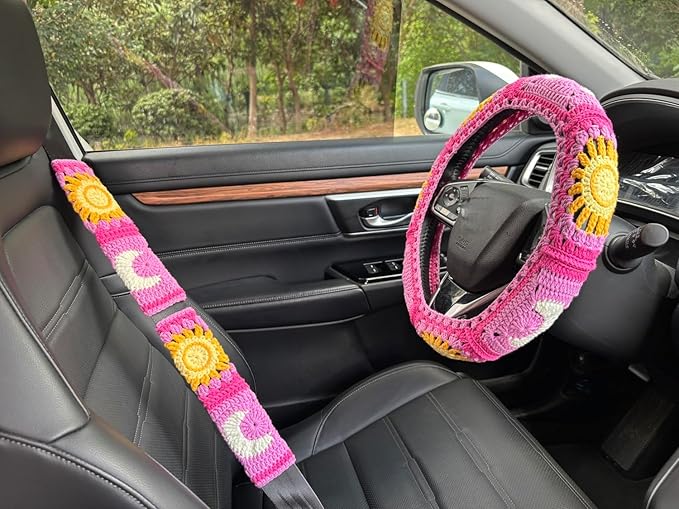 Handmade Crochet Sun and Moon Car Steering Wheel Covers Universal 14-15 inch for Women and Men (A,Steering Wheel Cover+2 Belt Cover)
