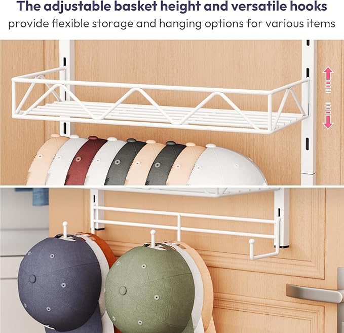 SWTYMIKI Over Door Hat Organizer - 3 Tier Wall Mounted Hat Rack with 2 Adjustable Metal Basket and 3 Hooks, Hanging Baseball 