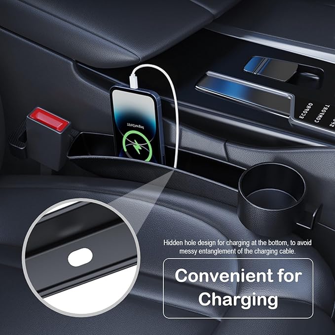 Car Seat Gap Plug with Storage Slot, Auto Gap Filler Organizer with Cup Holder, Universal Carseat Side Gap Filler Strip 2 Pack Between Front Seats & Console, Anti-Drop Pad with Seatbelt Holes, Black