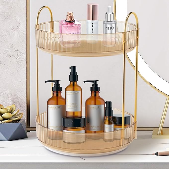 Rotating Makeup Organizer Countertop 2 Tier Lazy Susan Trays Clear Skincare Perfume Storage for Bathroom Counter Vanity, Ambe