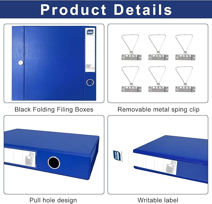 Storage File Boxes A4, 6 Pack Foldable File Box with Clip, 50mm Spine, Plastic Archives Cases with Magnetic Closure, Document