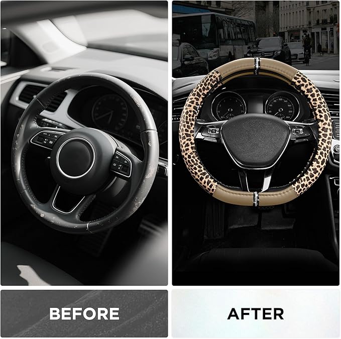 Road Comforts Leopard Steering Wheel Cover for Women, Cute Anti-Slip Microfiber Leather, Fits D Shape Flat Bottom Steering Wh