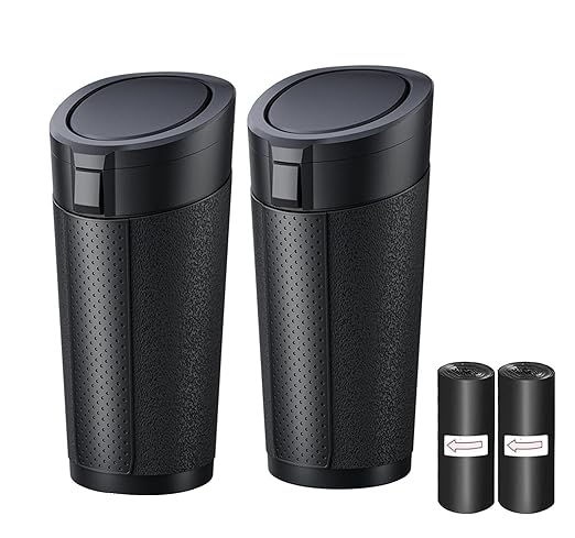 Car Trash Can with Lid, 2 Packs Leakproof Vehicle Garbage Bin, Compact Cup Holder Design, Includes 40 Trash Bags, Ideal for Car, Truck, Home, Office, Front & Back Seat Organizers (2-pack Black)