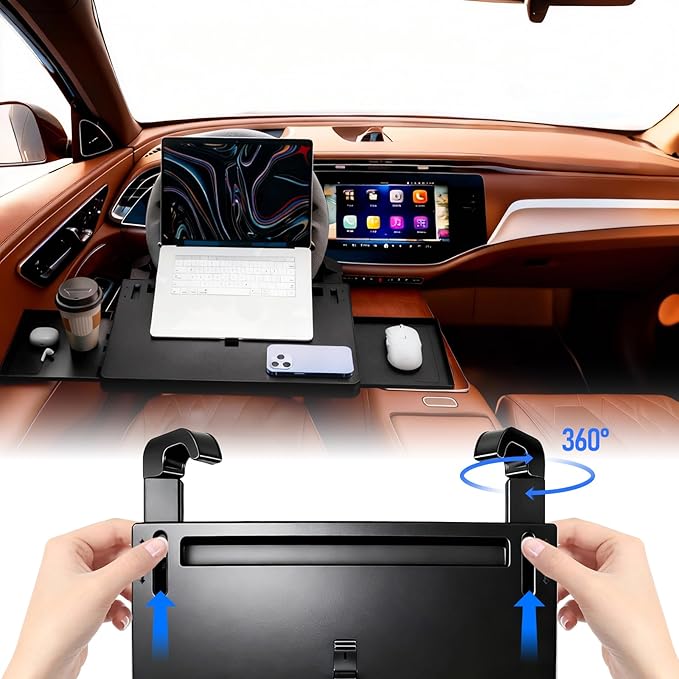 2 in 1 Steering Wheel Desk with Dual Slide Out Trays - Adjustable Laptop Holder for car with Tablet Slot Anti Slip Surface for Eating Writing Working Fit for Car SUV