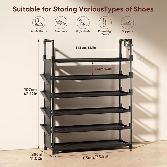 Mavivegue 6 Tier Shoe Rack for 25-30 Pairs of Shoes,Metal Shoe Rack with Hook and Side Pocket for Closet,Entryway,Hallway,Dor