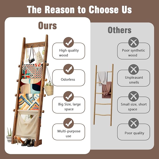 REFGY 5-Tier Blanket Ladder Shelf, 5.3FT (63'') Wall Leaning Blanket Ladders for Living Room Bedroom, Decorative Quilt Rack w