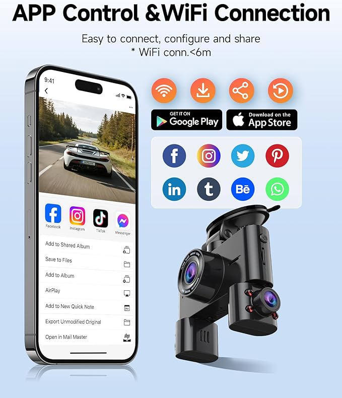 360° Dash Cam Front and Rear Inside, 4 Channel Dash Camera for Cars FHD 1080Px4, Built-in Wi-Fi, 3.16” IPS Screen, WDR Night 