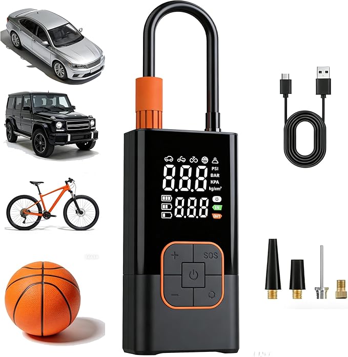Tire Inflator Portable Air Compressor Cordless Mini Bike Pump with Digital Display, 150 PSI Car Tires Air Pump with Pressure Gauge, LED Lights & Pressure Gauge for Car, Motorcycle, Bike, Balls