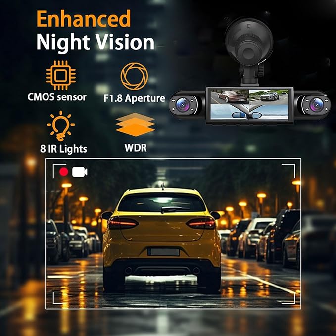 360° Full View Dash Cam Front and Rear Inside, 4 Channel Dashcam 1080P Full HD Dash Camera for Cars with Infrared Lamps Night