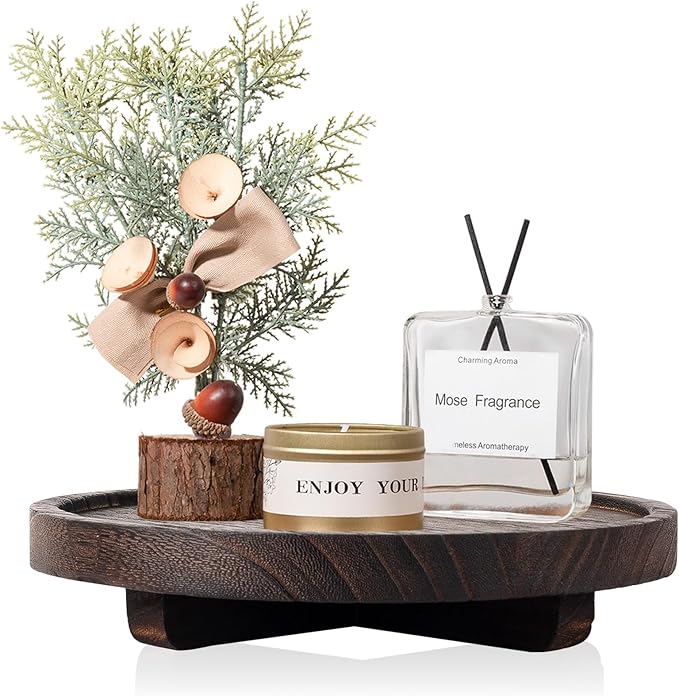 Round Decorative Tray Wood Bathroom Counter Organizer Farmhouse Kitchen Decor Wooden Riser for Soap Dish, Perfume, Candle, Sp