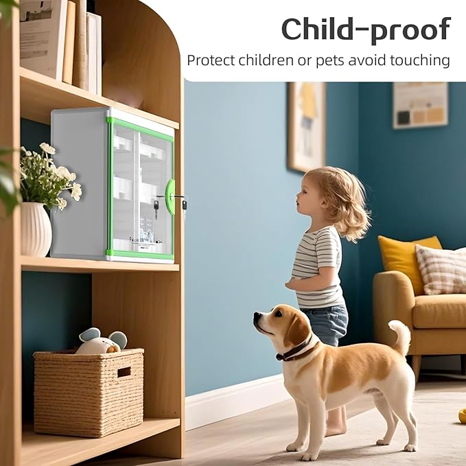 Glosen Medicine Cabinet Locking Medicine Cabinet Wall Mounted【 Green 13.6 x 13.4 x 6.5 Inch 】 Portable Storage Container Big 