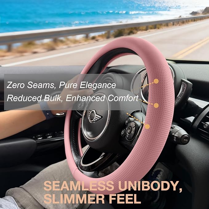 PINCTROT Large Size Nappa Leather Steering Wheel Cover, Slim Fit No Bulk Design, One Piece Leather with Breathable Perforatio