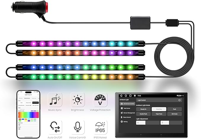Car LED Lights Interior, 16M Colors APP & CarPlay Control, Music Sync Ambient Lighting Kit, Auto-On/Off，Voltage Protection, Brightness Dimmer 12V DC LED Strip Lights for Car, Truck, SUV