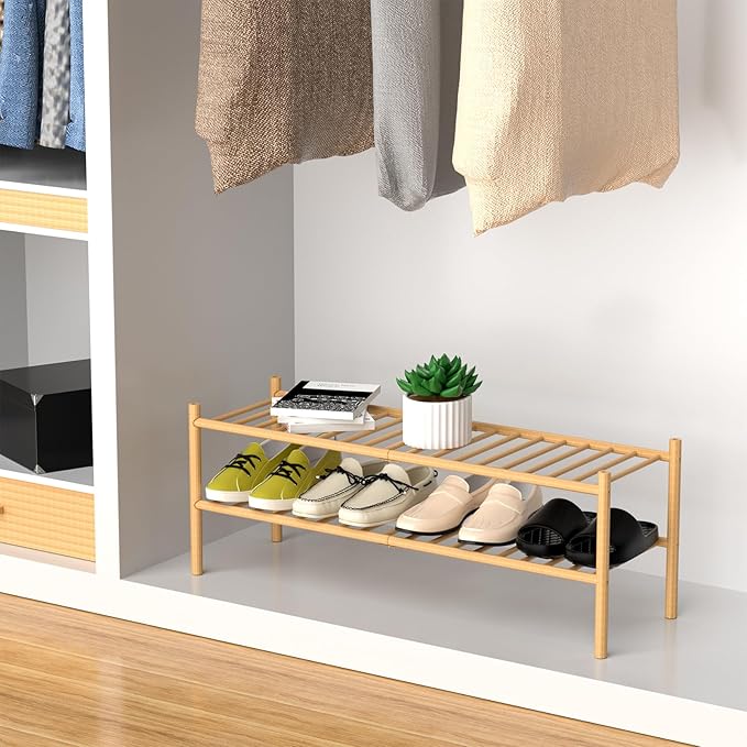 ROMGUAR CRAFT 2-Tier Bamboo Long Shoe Rack, Free Standing Wood Shoe Shelf Storage Organizer for Closet Entryway Stackable 35"