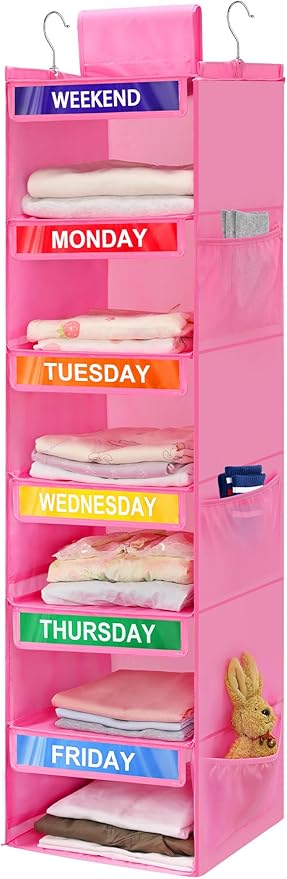 6-Shelf Weekly Clothes Organizer for Kids, Hanging Daily Closet Organization with 6 Side Pockets, Days of The Week Clothing D