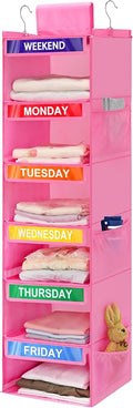 6-Shelf Weekly Clothes Organizer for Kids, Hanging Daily Closet Organization with 6 Side Pockets, Days of The Week Clothing D