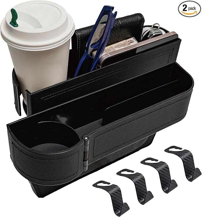 Car Seat Gap Filler Organizer,2 Pack Car Leather Cup Holder Gap Bag,Car Seat Storage Box with Cup Holder Expander,Car Organizer Front Seat for Holding Phone, Glasses, Keys, Cards (Black)