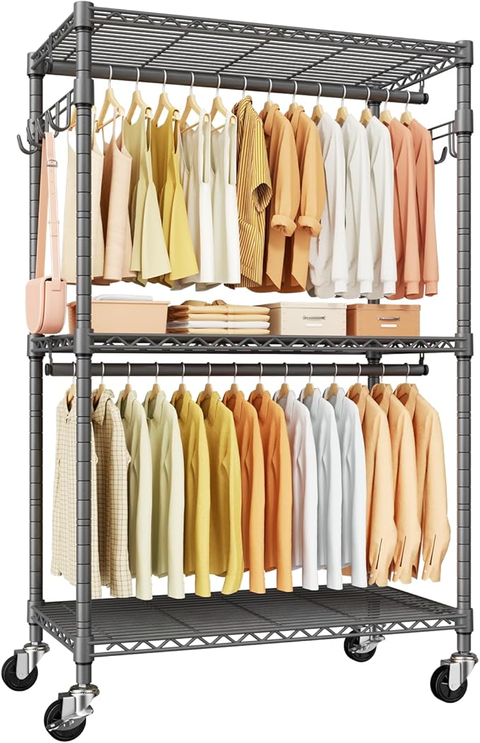 ULIFHOME P1 Rolling Clothing Rack with Lockable Wheels, Heavy-Duty Garment Rack for Hanging Clothes, Portable Closet Wardrobe