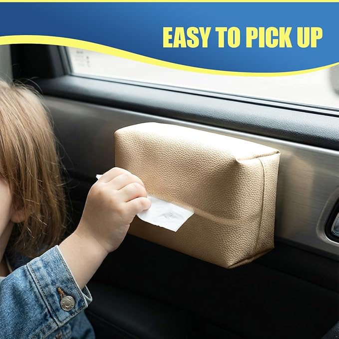 Car Tissue Holder, Leather Auto Headrest Hanging Napkin Box with Magnet-Attracting Adhesive Strip, Universal Vehicle Interior Paper Storage Organizer for Sun Visor, Center Console (White)