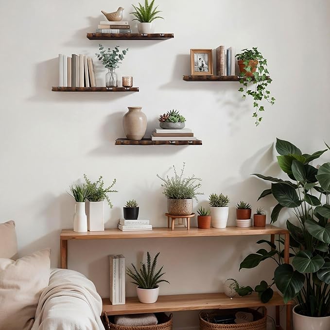 Pinkunn 4 Pcs Floating Shelves for Wall Rustic Wooden Floating Shelf Wooden Shelves for Bathroom Living Room Bedroom Kitchen 