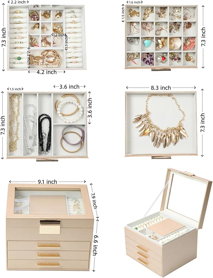 BOOVO Clear Lid Jewelry Box,4 Layers Jewelry Organizer Large Jewelry Storage Box with 3 Drawers,Jewelry Holder Organzier of R