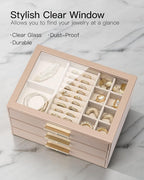 VLANDO 3 Layer Jewelry Box for Women, Mothers Day Gifts for Women, Glass Lid Jewelry Organizer with 3 Drawers for Necklaces R